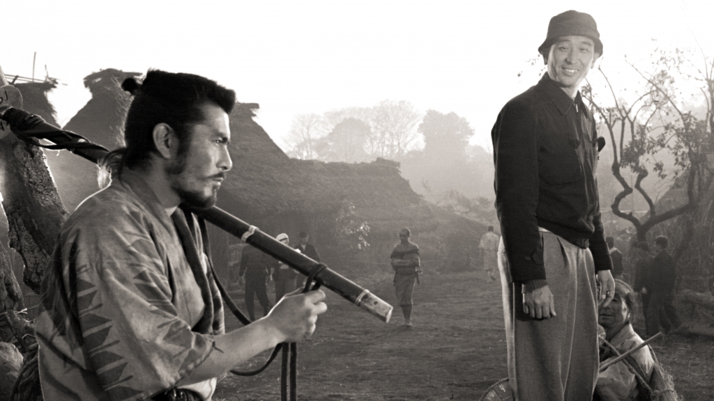 Mifune and Kuroswa on the set of SEVEN SAMURAI